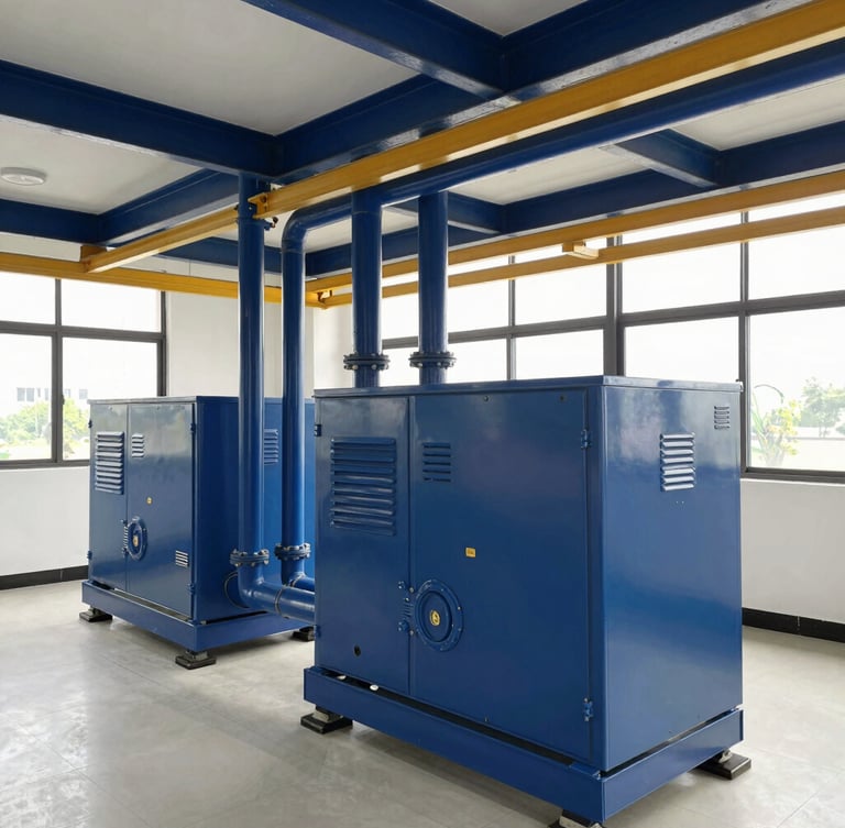 Wide environmental shot of a clean, well-maintained hotel mechanical room with blue pipes and generators, bright daylight, professional engineering photography