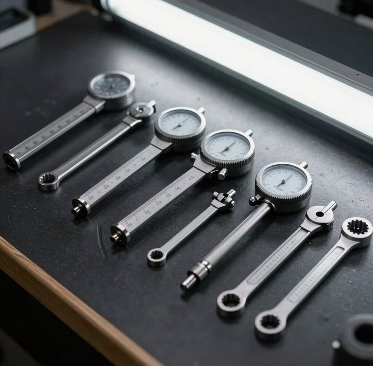A neat row of precision measuring tools, micrometer, dial indicator, and torque wrench laid out on a clean black workbench, high-contrast industrial lighting