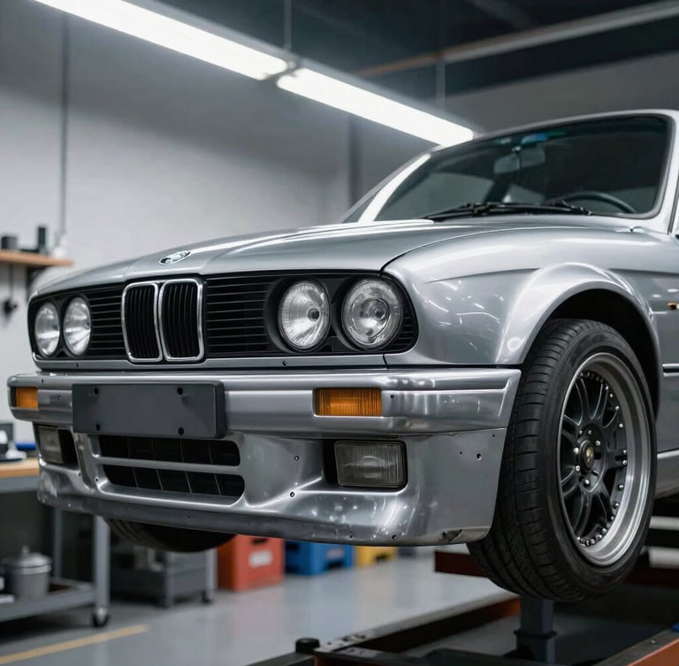 Sharp industrial photography of a clean bare-metal E30 M3 chassis on a rotisserie stand under harsh workshop fluorescent lighting, high-contrast metallic tones, crisp 35mm detail