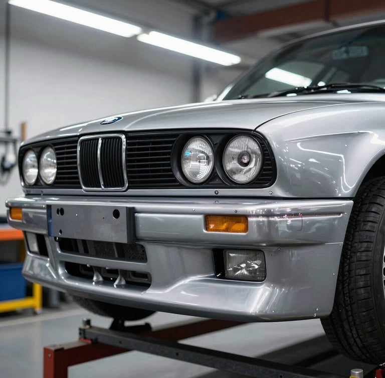 A portrait shot of the bare-metal E30 M3 rear subframe with custom reinforcement plates welded in place, clean industrial workshop lighting, 35mm