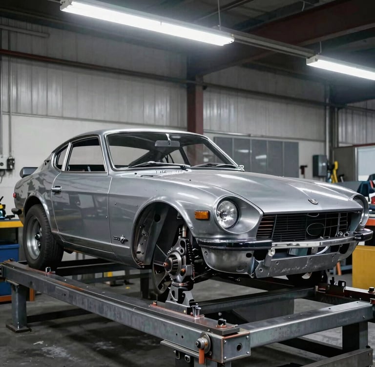 Straight-on profile of a stripped 1972 Datsun 240Z steel chassis on a heavy metal rotisserie, harsh fluorescent workshop lighting, raw metal and weld seams visible, industrial 35mm photography
