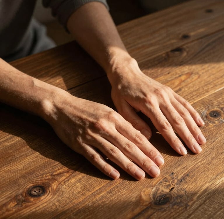 Primer plano de manos en reposo sobre una mesa de madera rústica, luz suave de atardecer proyectando sombras sutiles, estética orgánica y minimalista.