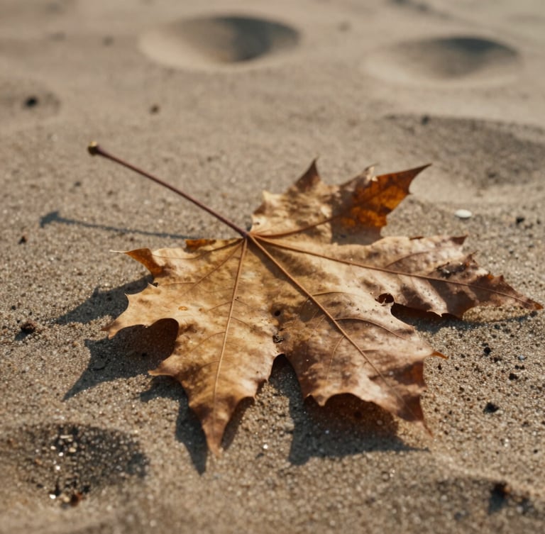 Close-up of dry autumn leaves with rich organic textures resting on warm sand, soft morning shadows, natural indirect light, cinematic composition.