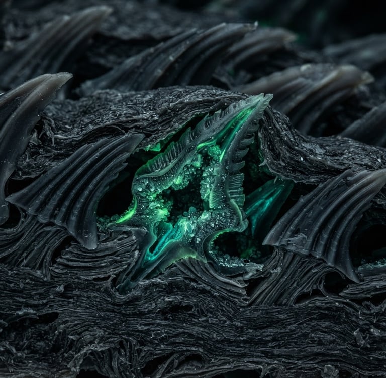 High-contrast macro image of a shark skin denticle structure, extreme close-up, laboratory lighting, deep slate and bio-luminescent green tones, cross-sectional view, 100mm lens
