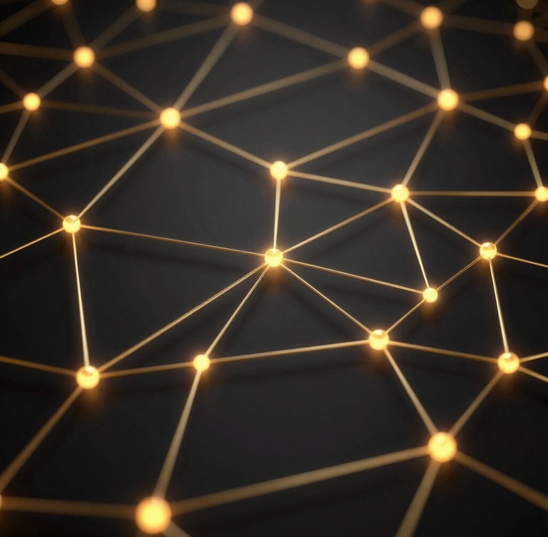 Abstract 3D render of data visualization, glowing golden nodes connected by lines, dark matte black background, digital analytics interface, low-key lighting, futuristic.