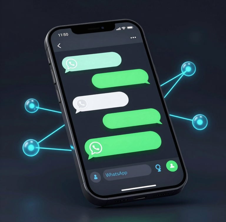 Sleek dark-mode 3D render of a smartphone displaying a high-fidelity WhatsApp conversation mockup with neon green active chat bubbles, glowing node connections in the background, octane render