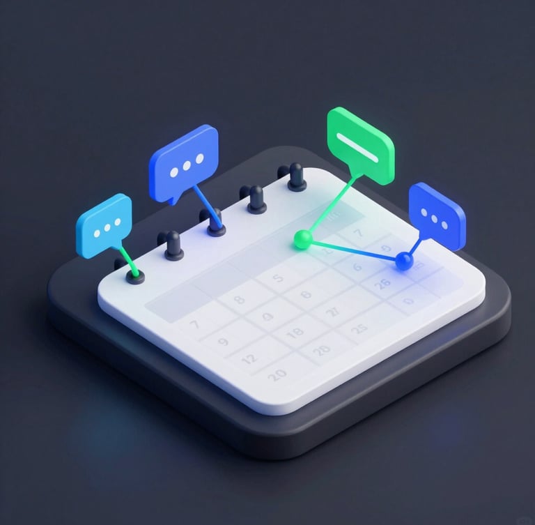 Sleek dark-mode 3D render of an interactive calendar interface, glowing neon blue and green node lines connecting chat bubbles to a calendar grid, clean UI mockup, high-tech isometric perspective, octane render