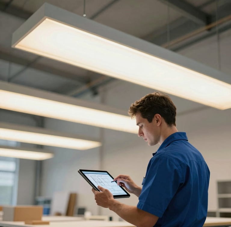 A professional commercial lighting designer reviewing technical electrical layouts on a digital tablet inside a newly retrofitted, brightly lit modern warehouse space, warm amber light glowing from high-bay fixtures, 35mm