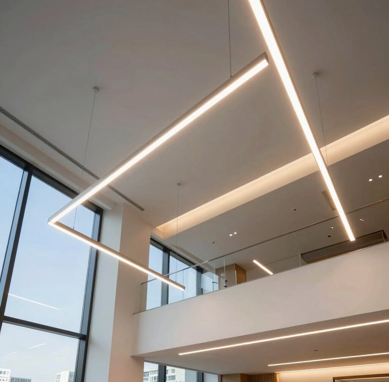 Wide-angle architectural shot of a modern office space with clean, high-performance linear LED lighting fixtures suspended from the ceiling, crisp daylight mixing with warm architectural glow, sharp focus, 35mm