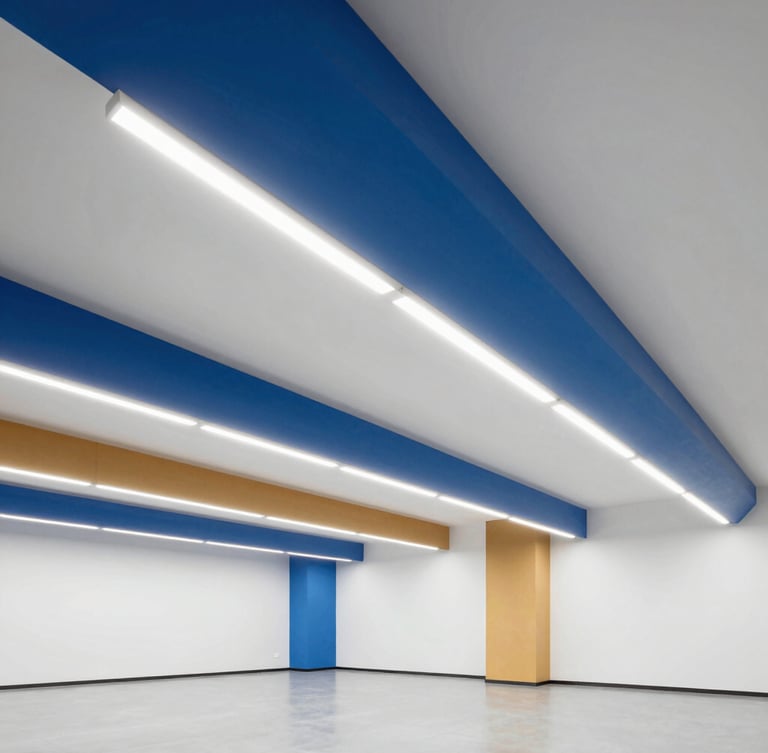 Wide-angle architectural shot of a modern commercial office interior with crisp, high-CRI LED linear lighting suspended from a high ceiling, bright blue and warm amber accents, 35mm