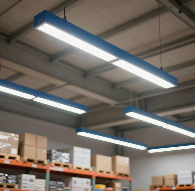 A clean, modern warehouse interior with high ceilings, featuring newly installed high-bay LED fixtures casting bright, uniform light across organized industrial shelving, sharp focus, technical detail.
