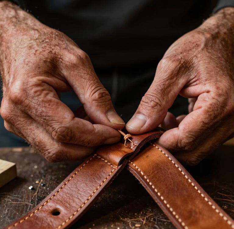 Extreme close-up of master artisan Andrés's scarred hands hand-stitching a thick vegetable-tanned leather belt with double-waxed thread, warm dramatic workshop side-light, rich amber tones