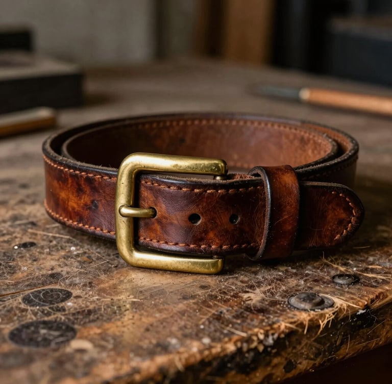 A well-worn leather belt with a heavy solid brass buckle on a dusty wooden workbench, showing deep rich patina, scars, and hand-stitched detailing, warm side lighting
