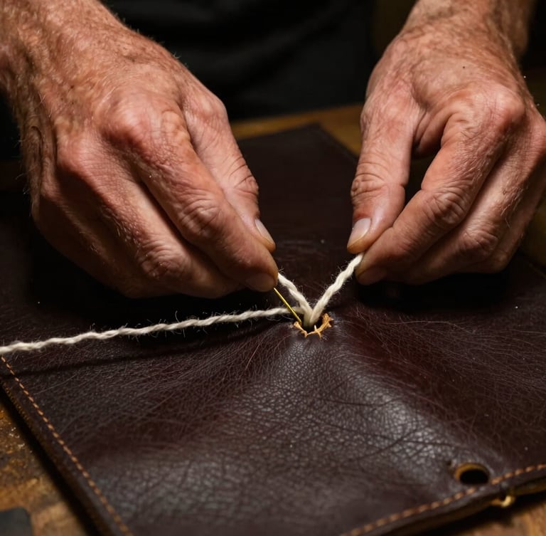 Close-up of Andres's scarred hands pulling a thick waxed thread through a pre-punched hole in dark leather, heavy brass needles, low-key workshop side-lighting, 35mm