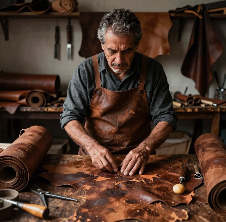Environmental portrait of leather artisan Andrés Martín Plata in his traditional workshop, surrounded by rolls of thick hide and hand tools, moody low-key lighting, 35mm