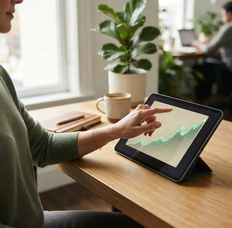Professional workspace with natural window light, a tablet showing an upward growth chart, soft muted green and cream tones, shallow depth of field. A person's hand subtly gesturing towards the screen.