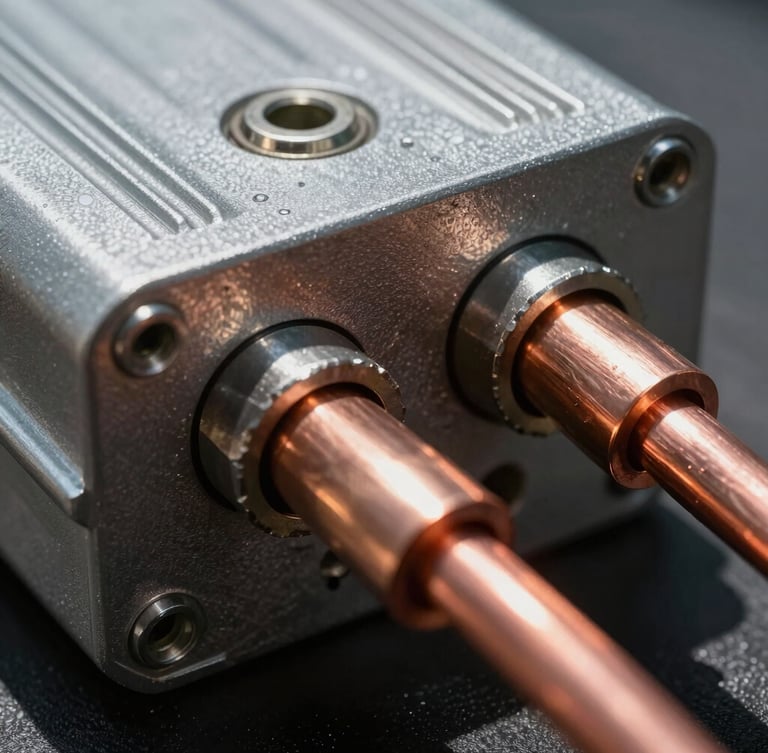Extreme macro technical detail of heavy-duty mounting hardware, thick copper cabling, and rugged industrial inverter housing, harsh direct midday sun highlighting the metallic textures.