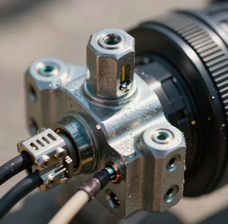 Extreme macro technical detail of heavy-duty steel mounting hardware and thick high-voltage cabling under harsh direct sun