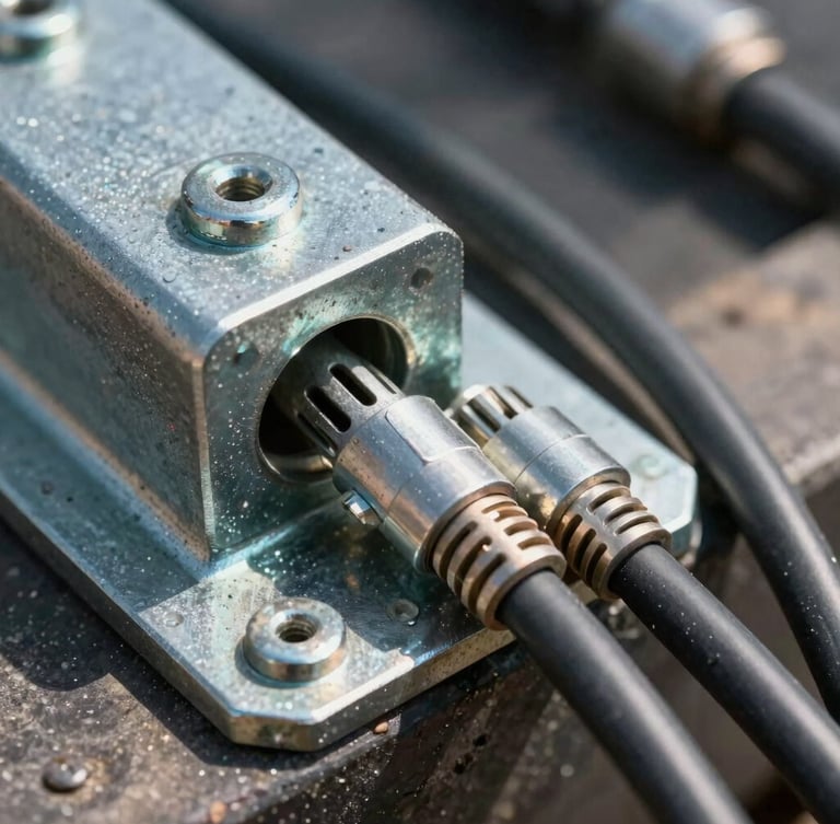 Extreme close-up of heavy-duty steel mounting hardware and thick high-voltage cabling under harsh direct midday sun, focus on metallic texture