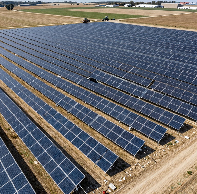 Wide-angle aerial drone view of massive ground-mounted solar arrays integrated into a commercial North American farm, active tractors in the distant fields under harsh midday sun.
