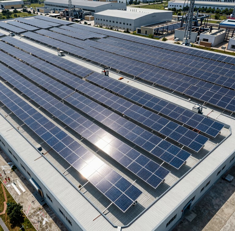 Wide-angle aerial drone shot of a massive high-voltage industrial solar array integrated across a factory roof, harsh direct midday sun reflecting off the panels, industrial infrastructure visible in the distance.