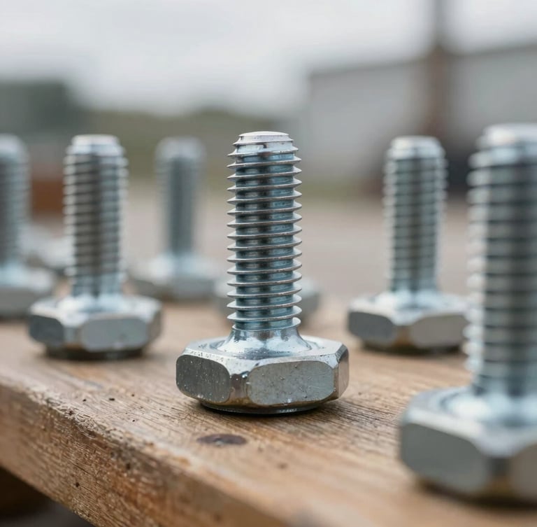 Macro close-up of heavy industrial steel hardware and structural bolts, desaturated steel tones, natural overcast light, sharp focus, 35mm
