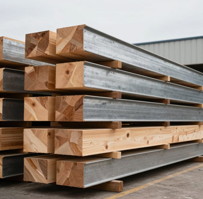 Industrial commercial photography, stack of premium raw timber beams in a bright warehouse, desaturated steel and warm wood tones, sharp focus, 35mm