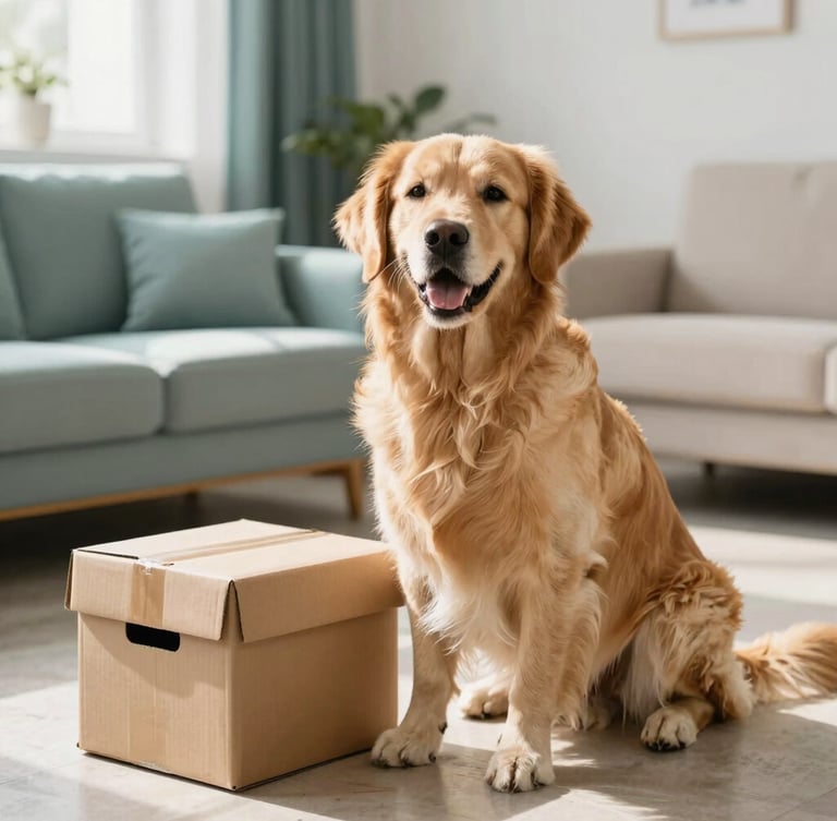 A happy golden retriever sitting next to a clean cardboard delivery box in a bright, sunlit modern living room, soft natural daylight, minimalist home, warm editorial photography, shallow depth of field, 35mm.