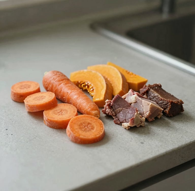 Close-up of fresh natural dog food ingredients like sliced carrots, pumpkin, and lean meat arranged neatly on a clean concrete countertop, soft side lighting