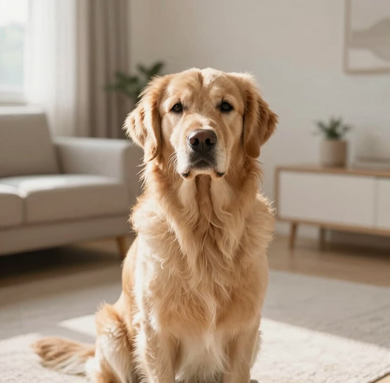 Eye-level editorial photograph of a healthy golden retriever sitting calmly in a sunlit modern living room, soft natural morning light, shallow depth of field, minimalist warm beige background