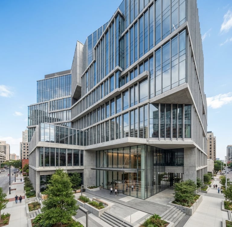 Fachada de um edifício corporativo moderno, linhas limpas de concreto e vidro, iluminação natural nítida, ângulo arquitetônico amplo.