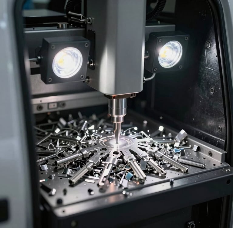 Tight macro shot of a laser key cutting machine operating inside a mobile van, focused LED work lights illuminating silver metallic shavings.