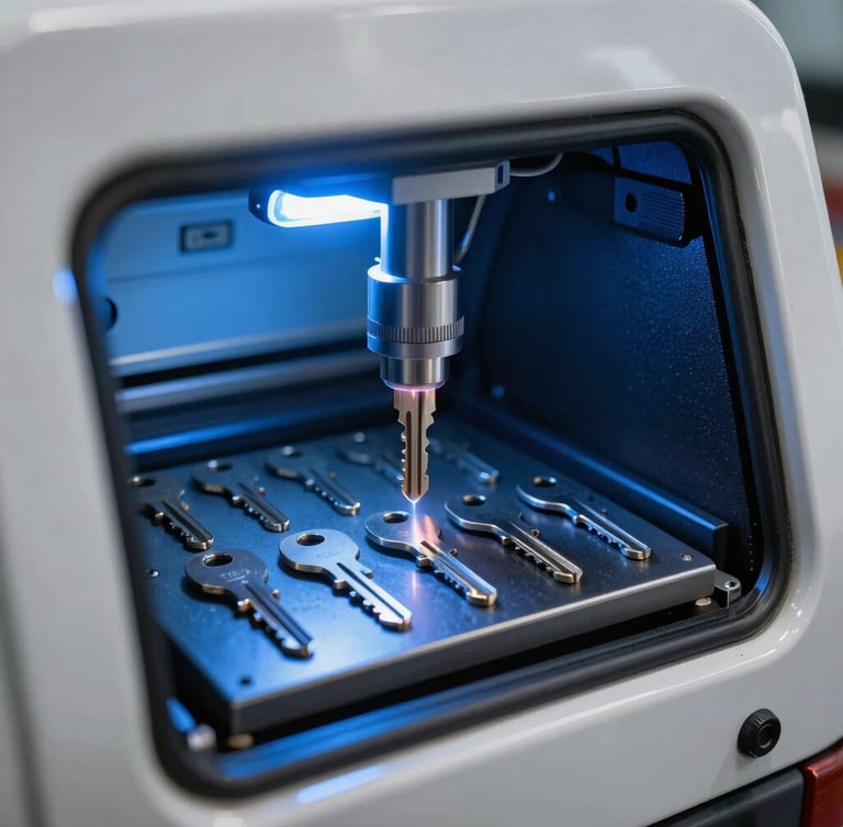 Tight macro shot of a laser key cutting machine operating inside a mobile service van, cool blue LED work lights reflecting off metallic silver key blanks.