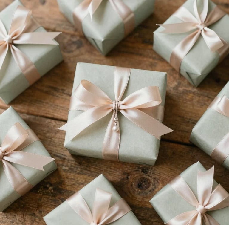 Overhead flatlay of beautifully wrapped gift boxes with soft satin ribbons, delicate silver necklaces reflecting natural morning light on a rustic wooden table