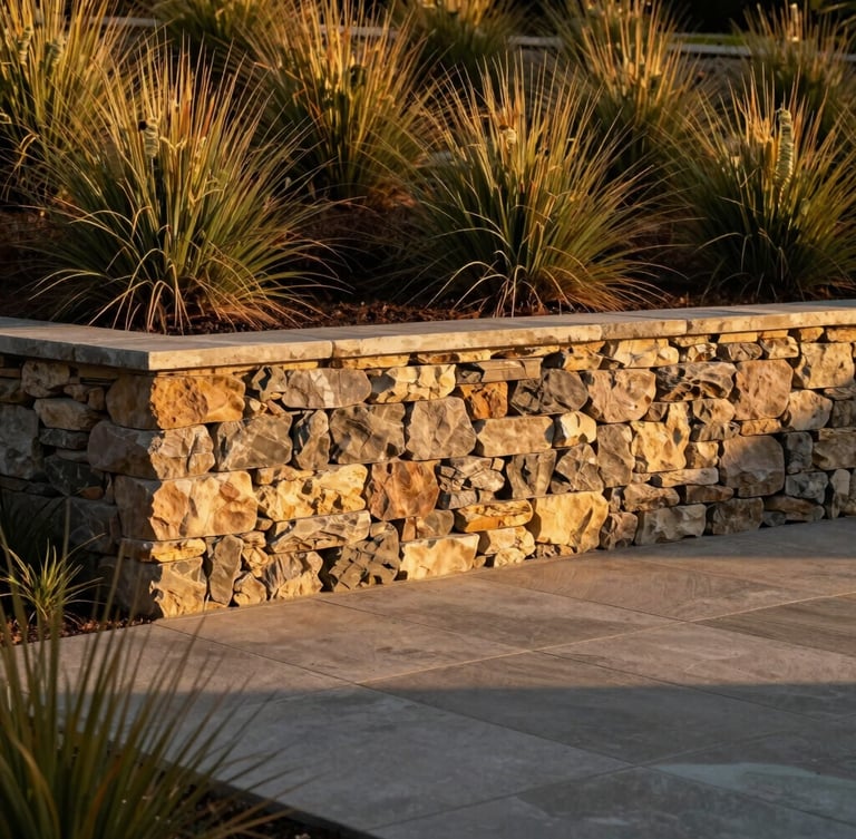 A wide, sharp architectural photograph of a finished stone retaining wall and custom patio at golden hour, surrounded by structured native grasses, high contrast, 35mm