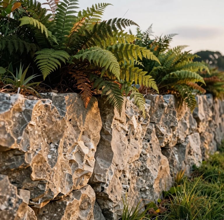 A close-up of tight limestone joints on a retaining wall, surrounded by lush native ferns and grasses under soft overcast daylight, 35mm.