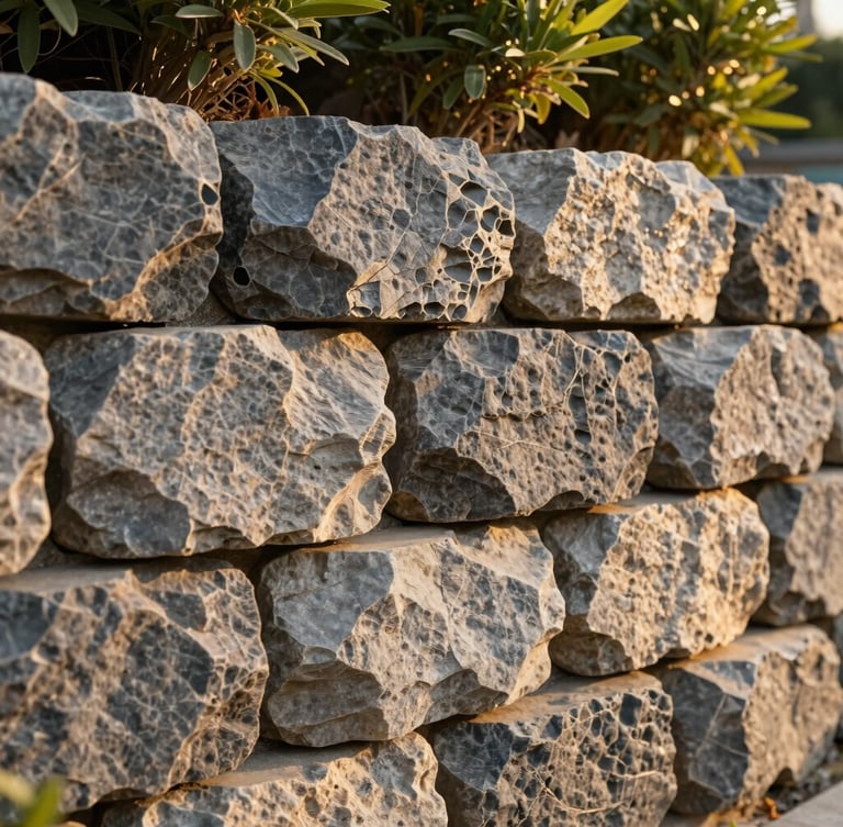 Close-up of perfectly joined raw slate gray stones in a custom masonry retaining wall, sharp focus, golden-hour sunlight highlighting texture.