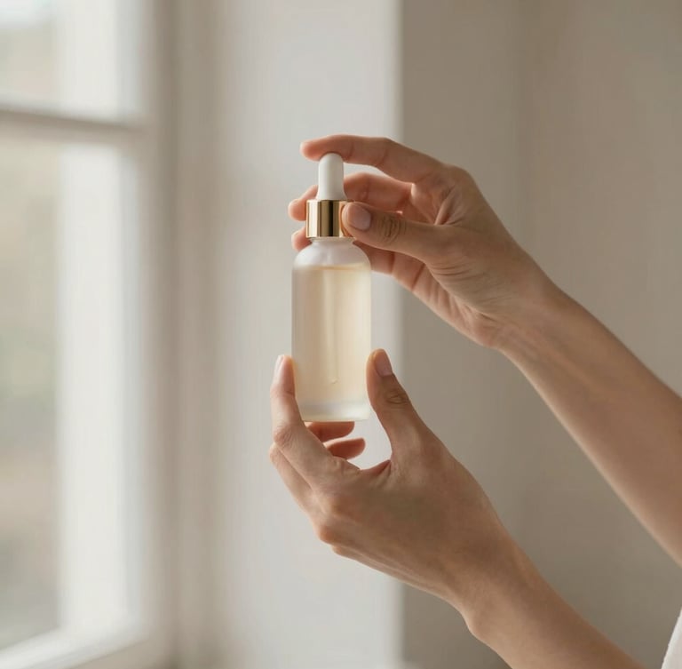 Warm editorial beauty photography of a female creator holding a skincare bottle, soft natural window light, muted beige tones, 35mm