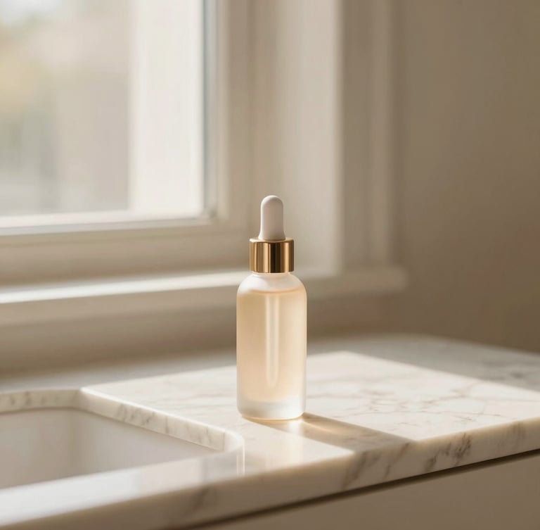 Aesthetic morning light streaming through a window onto a clean marble vanity with a glass serum bottle, soft beige tones, shallow depth of field, 35mm
