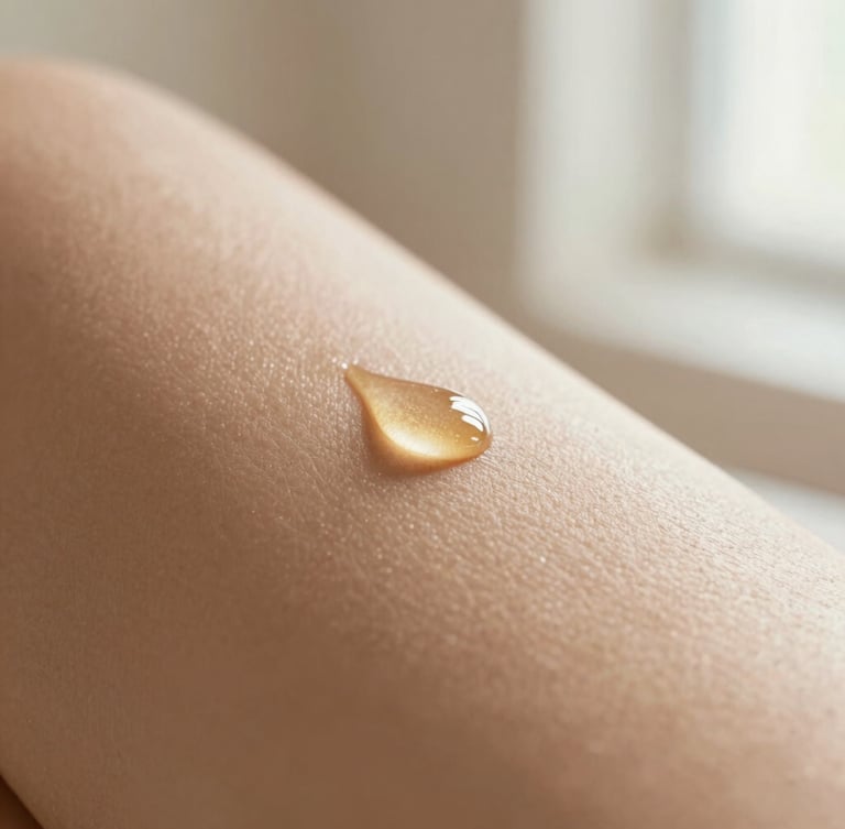 Macro close-up of smooth skin showing natural radiant texture, a drop of golden facial oil glistening under soft daylight, warm champagne tones, 35mm