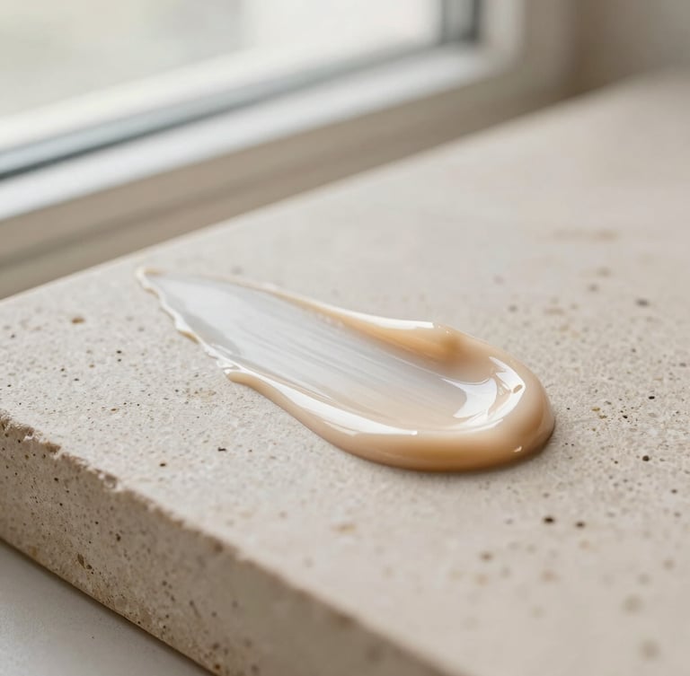 Macro editorial close-up of a luxurious face cream swatch on textured beige stone, soft natural window light, champagne gold undertones, shallow depth of field, 35mm