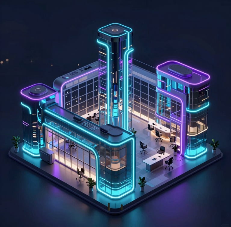 Isometric view of a modern high-tech office in Islamabad, glowing neon accents, glassmorphic elements, night time, city lights visible through large windows, 8k, premium dark tech render.