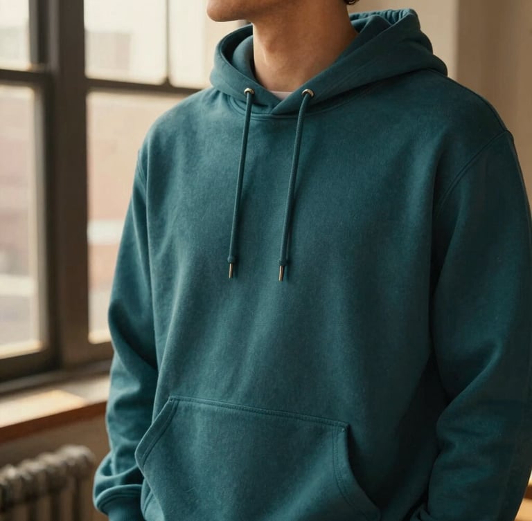 Warm editorial lifestyle photography of a person in a sunlit Brooklyn loft wearing a deep teal graphic hoodie, soft golden-hour light, rich desaturated tones, shallow depth of field, 35mm