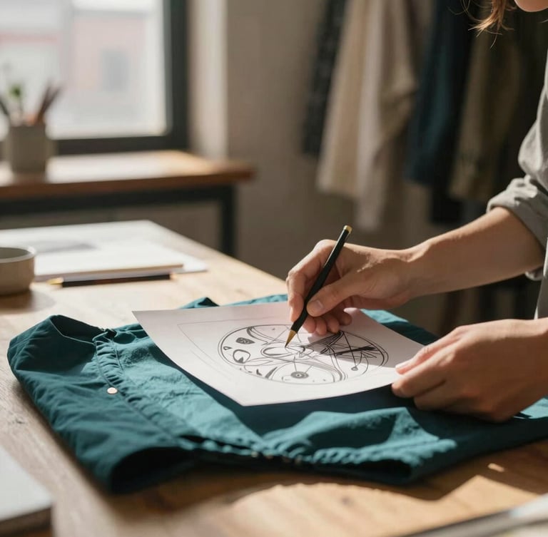 A creative designer in a sunlit Brooklyn loft carefully reviewing a printed graphic garment, natural warm light, soft focus background, editorial lifestyle photography.