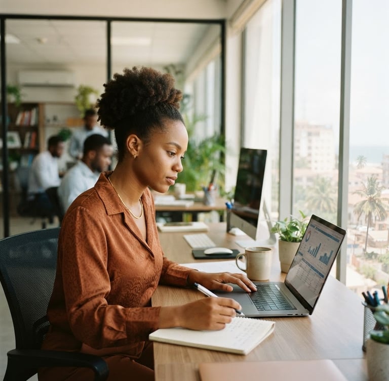 Portrait of a focused young African professional woman in a bright, modern office in Cotonou, soft natural window light, professional attire, earthy tones, 35mm photography