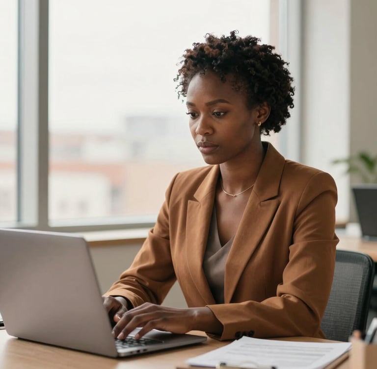 Warm editorial photography of a professional African woman working on a modern laptop in a bright corporate office, soft natural window light, focused and determined expression, 35mm