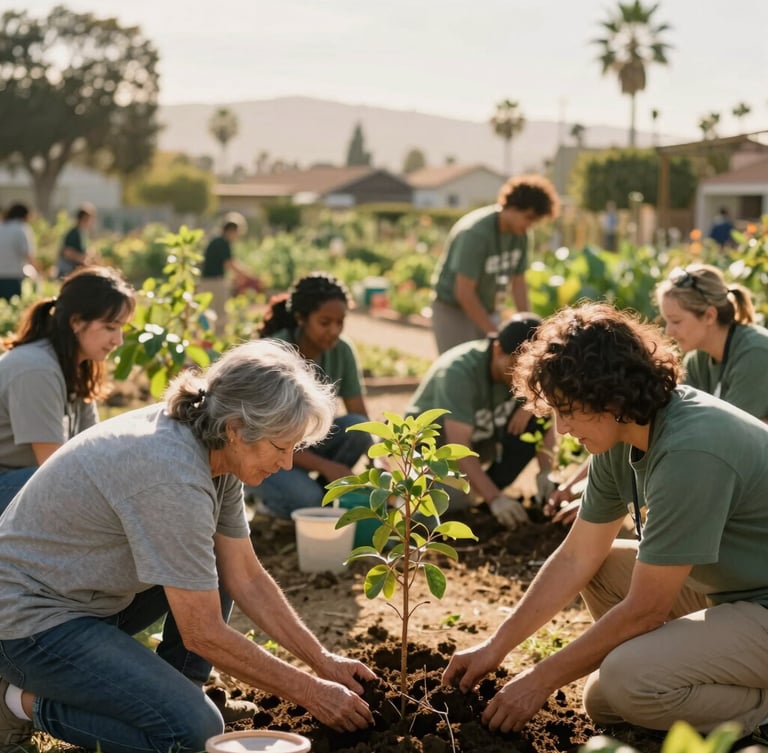 Candid medium shot of volunteers of diverse ages planting trees in a sunny Laguna Niguel community garden, warm golden-hour light, soft focus background, 35mm