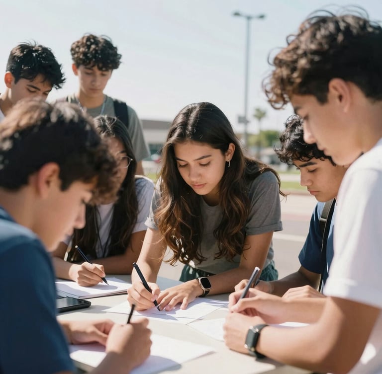Group of diverse high school students collaborating on a project outdoors, bright natural Southern California sunlight, candid action shot, 35mm.