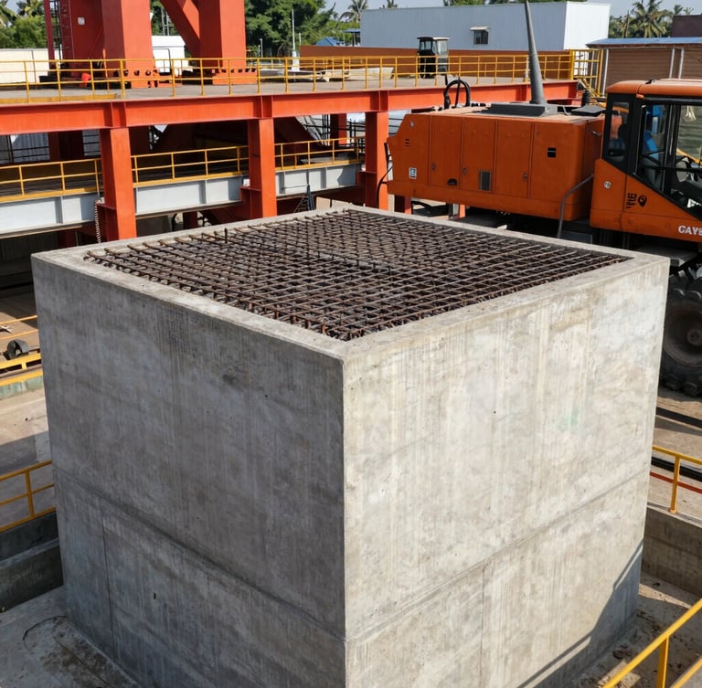 A vertical portrait of a massive concrete foundation pour at a Bangladeshi industrial plant, heavy machinery visible, clean steel reinforcement grids, bright natural daylight