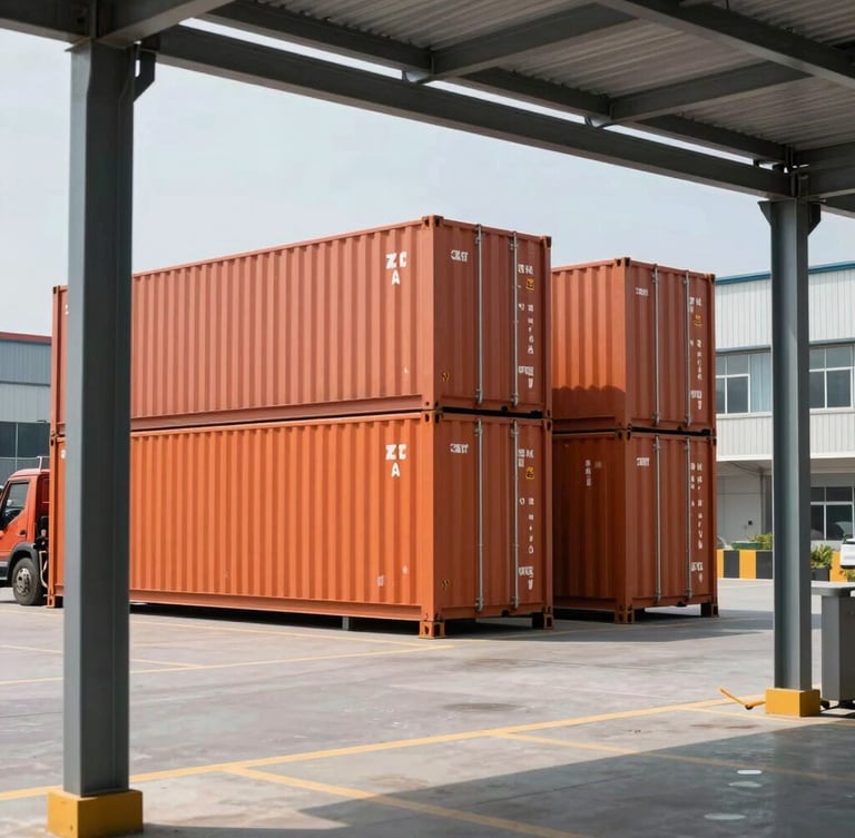 Industrial editorial photography of a modern logistics warehouse in Bangladesh, bright natural daylight, cool steel tones, architectural framing